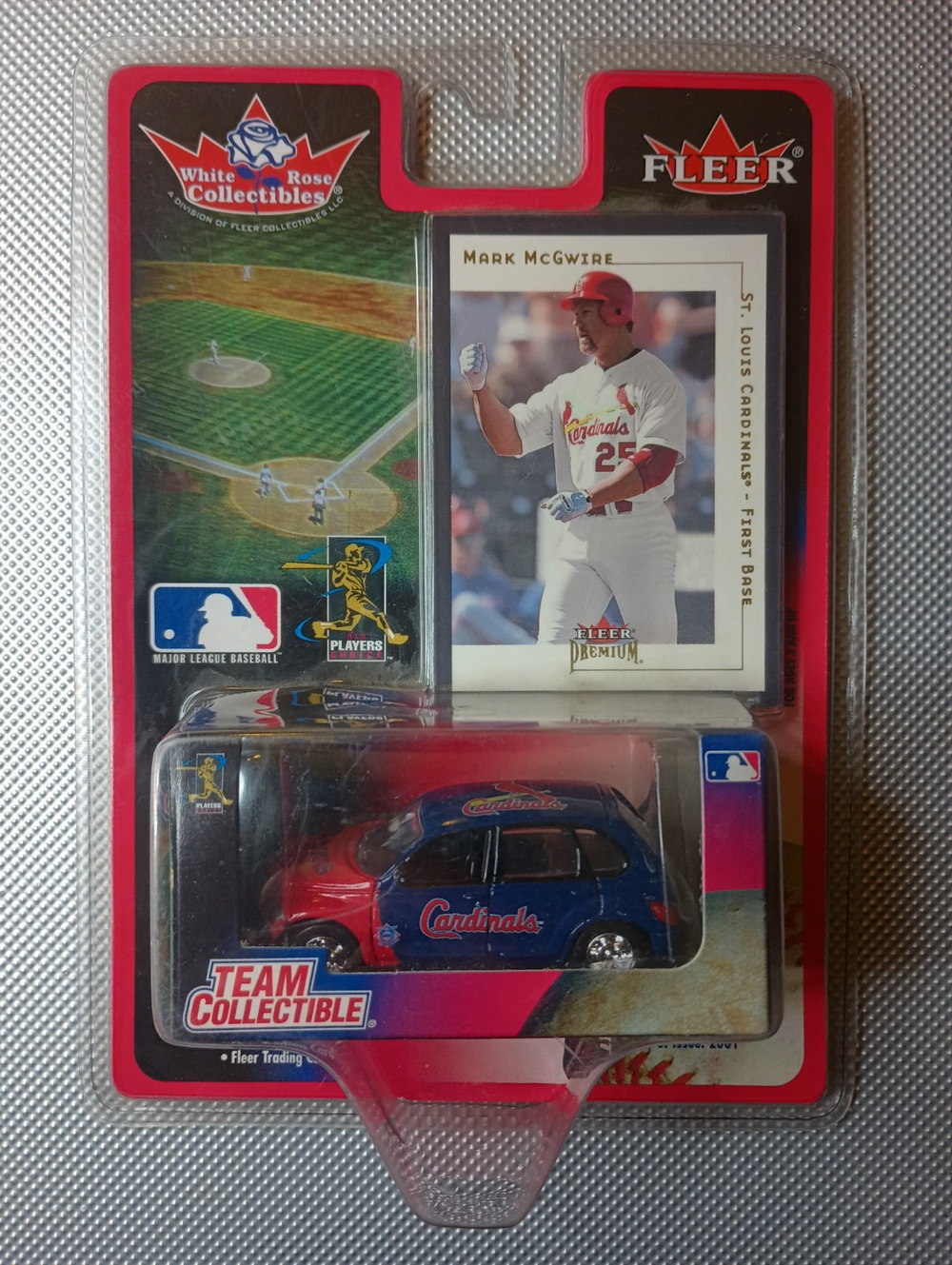 2001 Mark McGwire Cardinals White Rose Fleer PT Cruiser Die Cast Car w/ Card New
